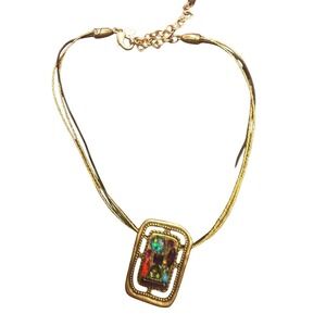 Chico's necklace Gold Beaded Necklace with Rectangle Pendant